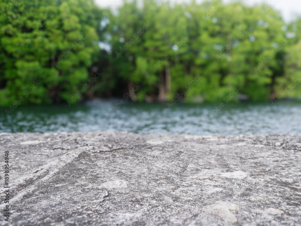 Fototapeta premium Grey stone surface with blurred river and forest background. Ideal for natural product display, organic tabletop mockups, and outdoor presentation
