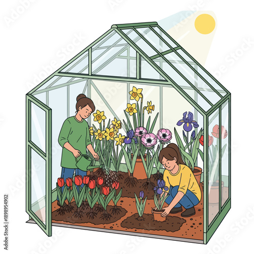 Woman and Child Gardening in Greenhouse.