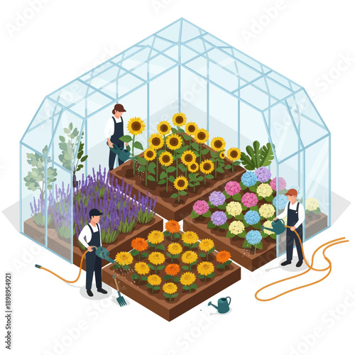 Gardeners Tending to Flowers in Greenhouse.