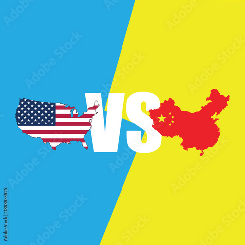 Silhouettes of USA and China flags facing off with bold VS text, symbolizing rivalry, competition, and geopolitical tension on colorful backgrounds