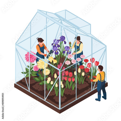 People Working Together in Greenhouse Garden.