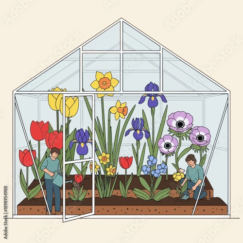 Greenhouse with Flowers and Gardeners Working.