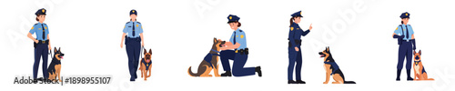 Law Enforcement Female K9 Patrol Officer Team With Working Dog Flat Vector Set