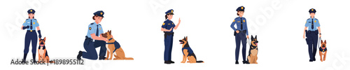 Security Patrol Female Police Officer And K9 Working Dog Flat Vector Character Pack
