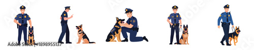 Police Dog Patrol Team Characters With K9 Officer Flat Vector Illustration Pack