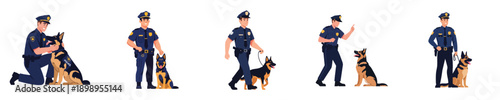 Police Dog Handler Character Set With K9 Unit Flat Vector Illustration Collection