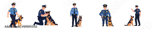 Police Officer K9 Patrol Characters Collection With Security Dog Flat Vector Set