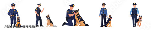 Security Police Officer And K9 Service Dog Character Flat Vector Collection Set