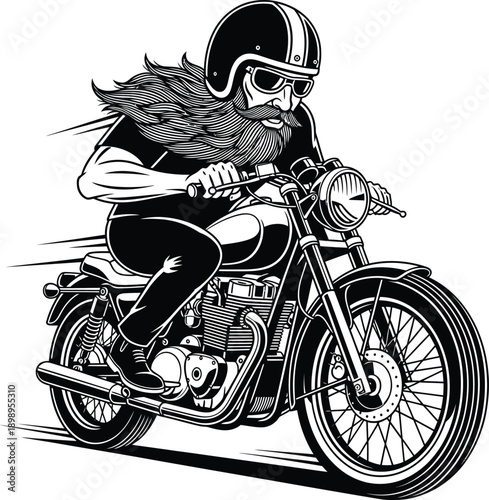 Black and white illustration of a muscular biker with a long flowing beard riding a classic motorcycle at speed.