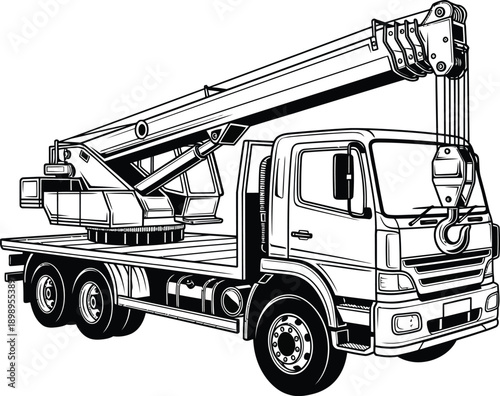 Black and white line art illustration of a heavyduty crane truck with a telescopic boom.