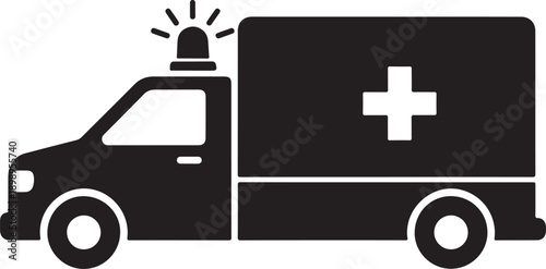 Simple black and white illustration of an ambulance with lights on.