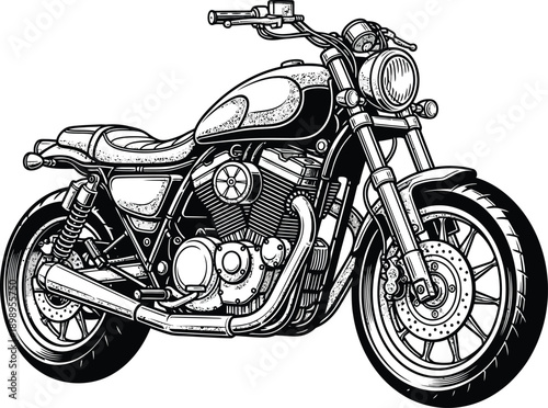 Classic cruiser motorcycle in a detailed handdrawn black and white line art style.