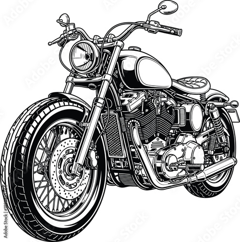 Classic cruiser motorcycle with a Vtwin engine detailed black and white line art illustration.