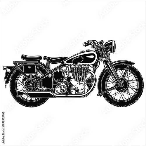 Classic vintage motorcycle illustration in a detailed black and white side profile view.