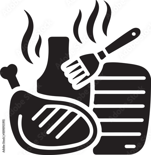 Grilled meat with a spatula and grill marks on a plate.