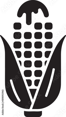 A simple black silhouette of an ear of corn with husk on a white background.