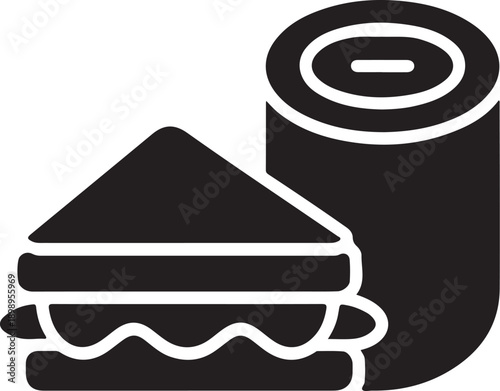 A simple black and white graphic of a sandwich next to a roll of paper or tape.