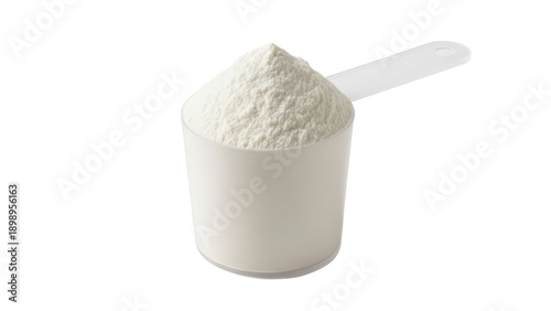 A white plastic measuring scoop filled with a pile of white powder isolated on transparent background