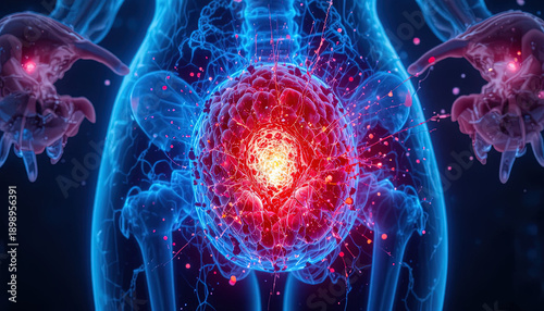 Glowing inflamed mass appears within the translucent outline of a female pelvic region.