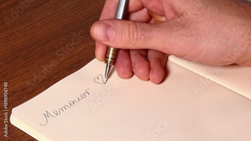 A hand writing entries in a memory book, pasting printed photos. The concept of solo travel, creating unique memories and personal experiences.