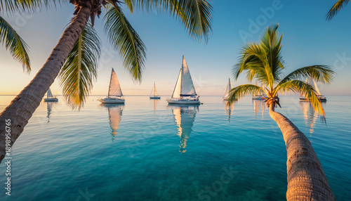 Sunny Tropical Seascape With Palm Fringed Shoreline.