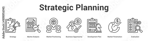 Strategic Planning web banner icon set vector illustration concept for business with icon of Strategy, Market Analysis, Market Positioning, Business Opportunity, Development Plan, Mar.