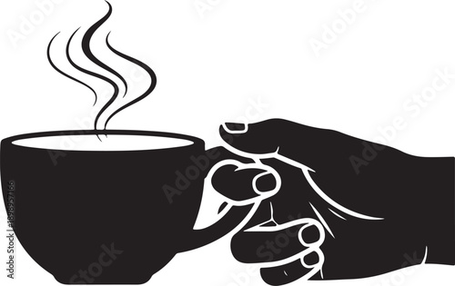 Hand Holding Coffee Cup Icon – Hot Drink and Beverage Symbol in Black Silhouette

