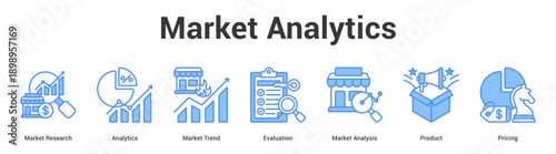 Market Analytics web banner icon set vector illustration concept for business with icon of Market Research, Analytics, Market Trend, Evaluation, Market Analys.