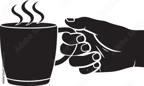 Hand Holding Coffee Cup Icon – Hot Drink and Beverage Symbol in Black Silhouette

