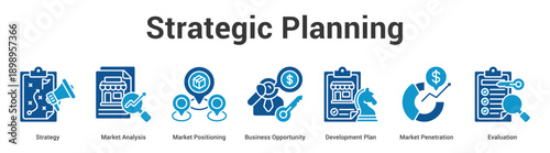 Strategic Planning web banner icon set vector illustration concept for business with icon of Strategy, Market Analysis, Market Positioning, Business Opportunity, Development Plan, Mar.