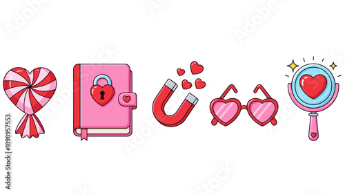 Cute valentines day icons with heart shapes and symbols
