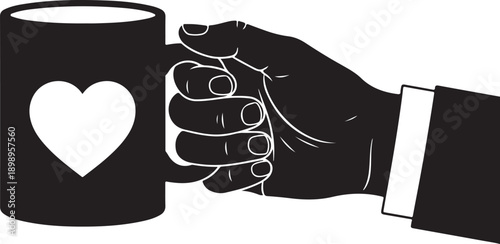 A hand holding a mug with a heart on it and steam rising from the top.