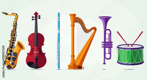 Colorful illustration of various musical instruments on for music education