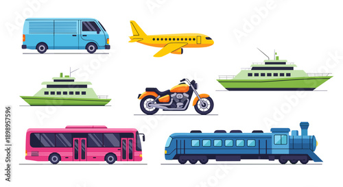 Collection of various colorful transportation vehicles