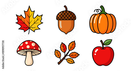 Colorful autumn icons including leaf, acorn, pumpkin, mushroom, branch, and apple