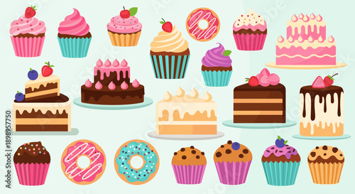 Colorful assortment of cupcakes and cakes on light blue background