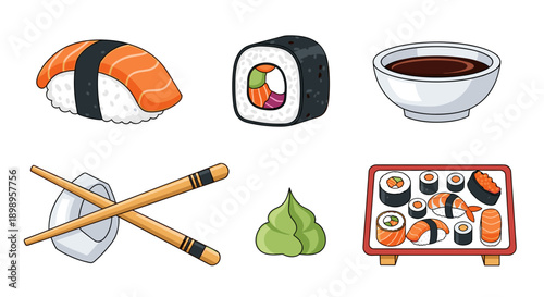 A variety of sushi and sushi making items on a with chopsticks