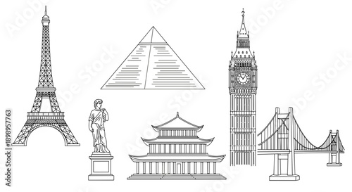Illustration of famous landmarks from around the world in line art style
