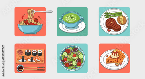 Colorful illustrations of various food dishes on plates and bowls