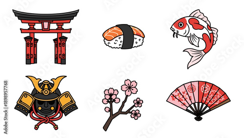 Collection of japanese icons including torii gate sushi koi fish samurai helmet cherry blossoms and fan