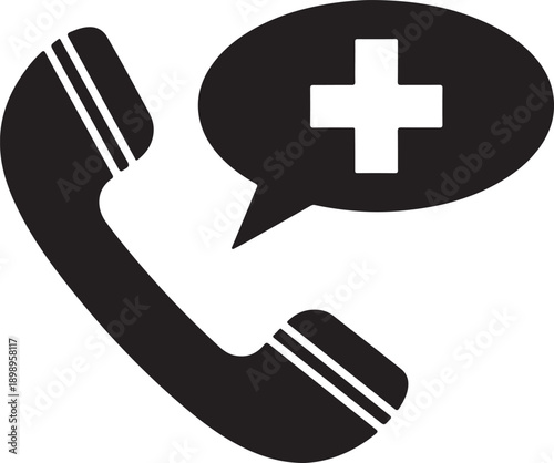 A simple graphic of a telephone receiver with a speech bubble containing a medical cross symbol.