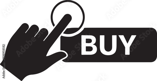 A hand clicking on a buy button, symbolizing online shopping and e-commerce transactions.