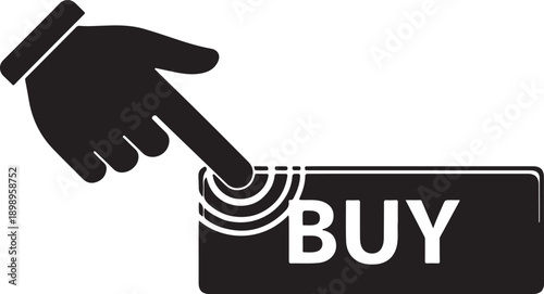 A hand clicking on a buy button, symbolizing online shopping and e-commerce transactions.