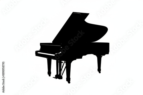 Grand Piano Silhouette: A sleek, ebony grand piano stands in elegant isolation, its form a striking silhouette, ready to fill a space with music.