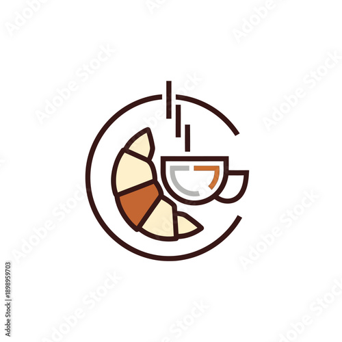 Minimalist Croissant and Coffee Cup Breakfast Icon Design.