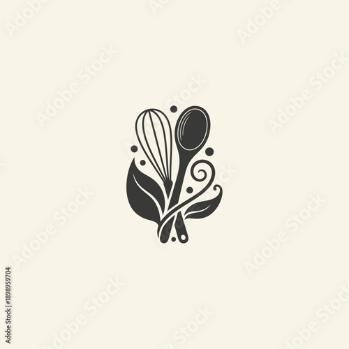 Elegant baking utensils with leaves and swirls logo design.
