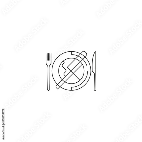 Simple Line Art Icon of a Plate with Crossed Utensils.