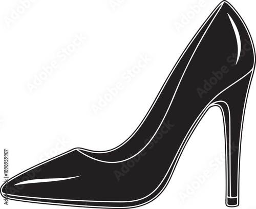 A sleek black high-heeled shoe with a pointed toe and stiletto heel.