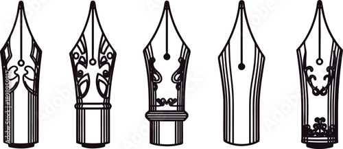 Five different fountain pen nibs with decorative designs  various writing instrument tips  calligraphy tools