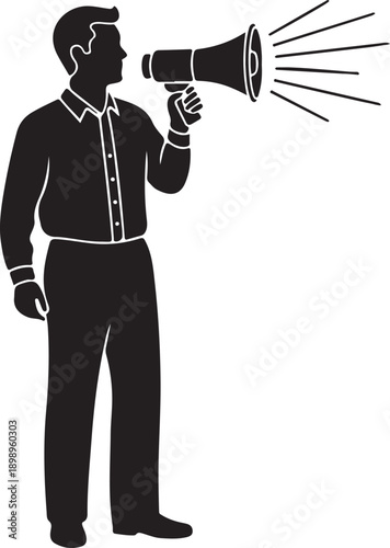 Man in suit holding megaphone, announcing or making a public statement black silhouette.